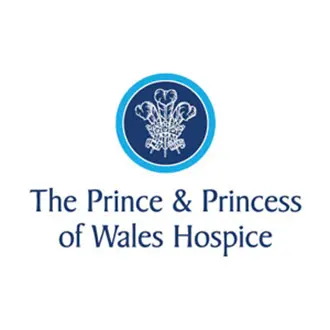 Prince and Princess of Wales Hospice Logo: stylised Prince of Wales's feathers in a blue circle with Prince & Princess of Wales Hospice in blue lettering on a white background