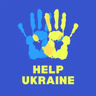 Help Ukraine Graphic: yellow and blue hand graphics on a blue background with the words Help Ukraine in yellow block letters.