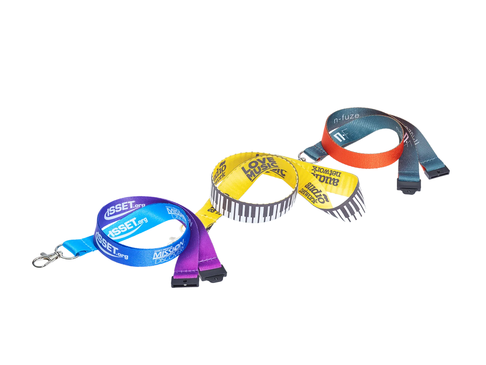 Three custom branded lanyards showing different print styles and finishes