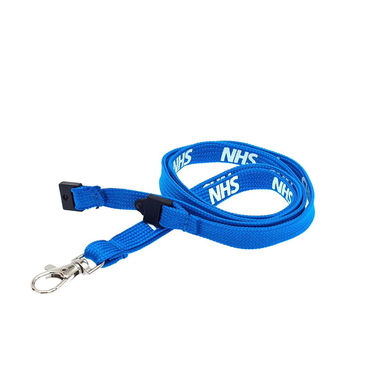 A NHS blue lanyard with the NHS England wordmark screenprinted in white