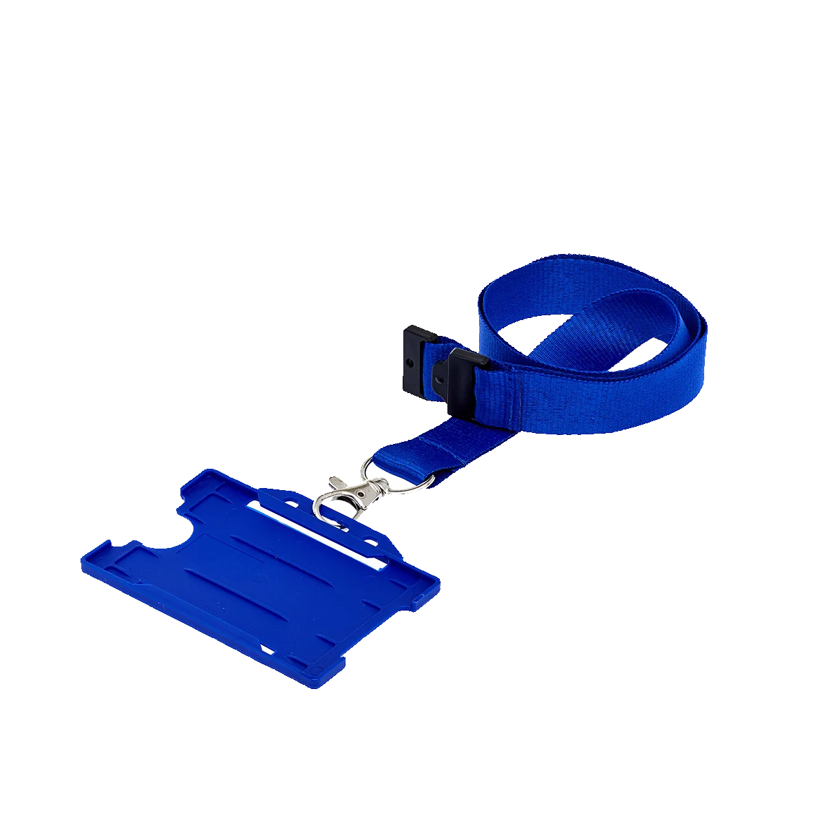 A royal blue landscape ID card holder attached to a royal blue lanyard