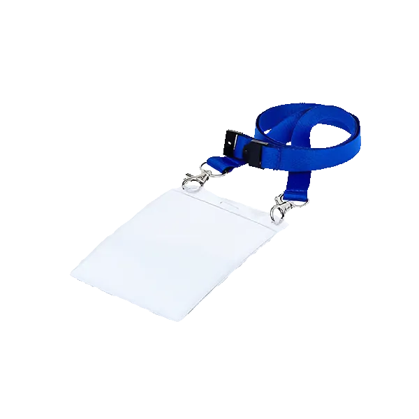 Clear PVC ID wallet on a blue double clip lanyard
