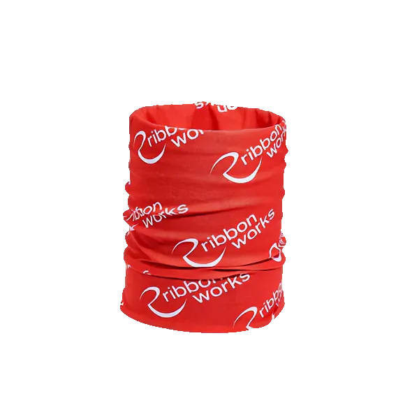 A red and white printed recycled neck tube bandana