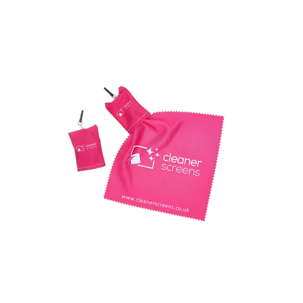 Pink branded screen cleaning cloth with keyring pouch