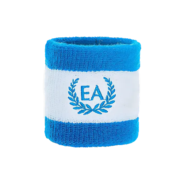 A blue and white branded sweatband