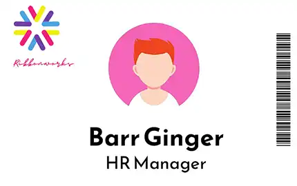 A mock up of an ID card in landscape orientation with a photo, name and job title in the centre and a logo on the top left.
