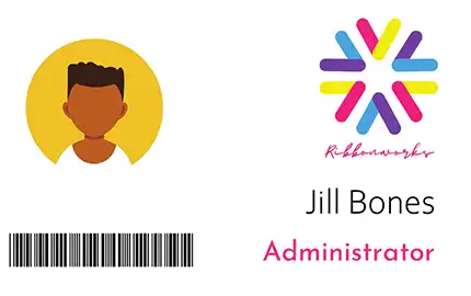A mock up of an ID card in landscape orientation with a photo on the left and logo, name and job position on the right.