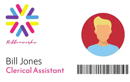 A mock up of an ID card in landscape orientation with a photo on the right and logo, name and job position on the left.