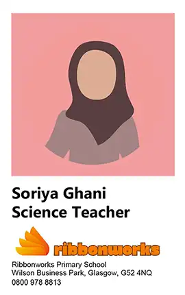 A mock up of an ID card in portrait orientation with a large photo at the top and name, job title, logo and address below.