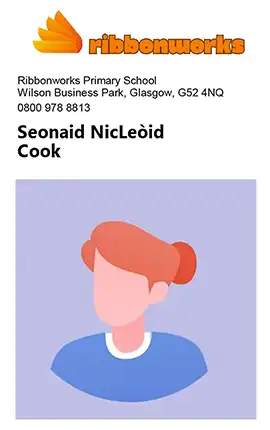 A mock up of an ID card in portrait orientation with a name, job title, logo and address at the top and a photo below.