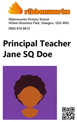 A mock up of an ID card in portrait orientation with a logo and address at the top, name, job title and a small photo and QR code below.