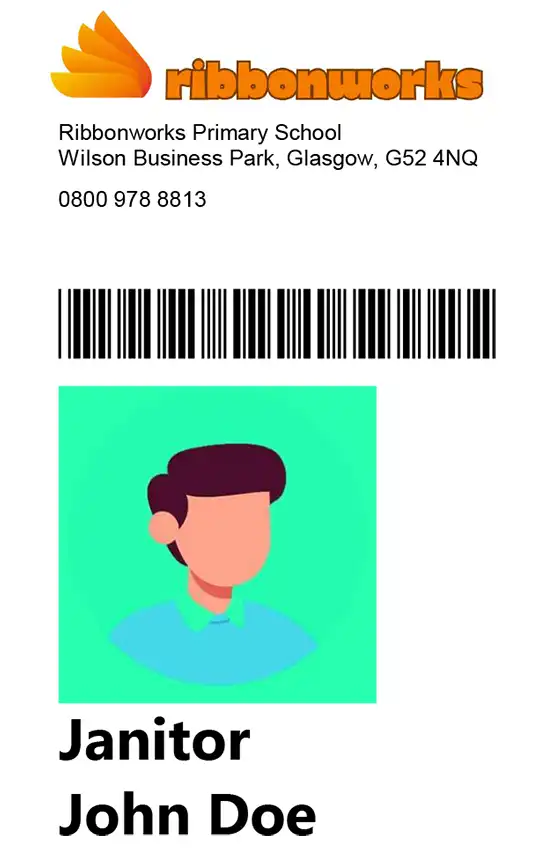 A mock up of an ID card in portrait orientation with a logo, address and barcode at the top, a small photo, name and job title, left aligned below.