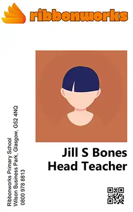 A mock up of an ID card in portrait orientation with a logo at the top, address vertically left and a small photo, name, job title and QR code left aligned below.