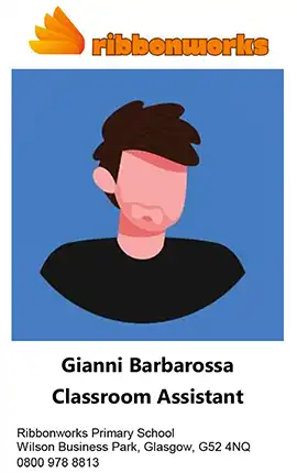 A mock up of an ID card in portrait orientation with a photo and logo at the top and name, job title and address below.