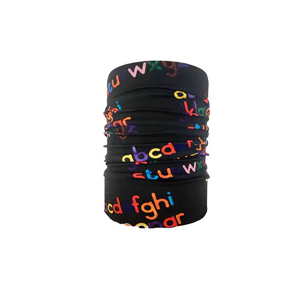 Alphabet Neck Tube Bandana Alphabet Neck Tube Bandana On Mannequin Head - Black With Multicoloured Letters