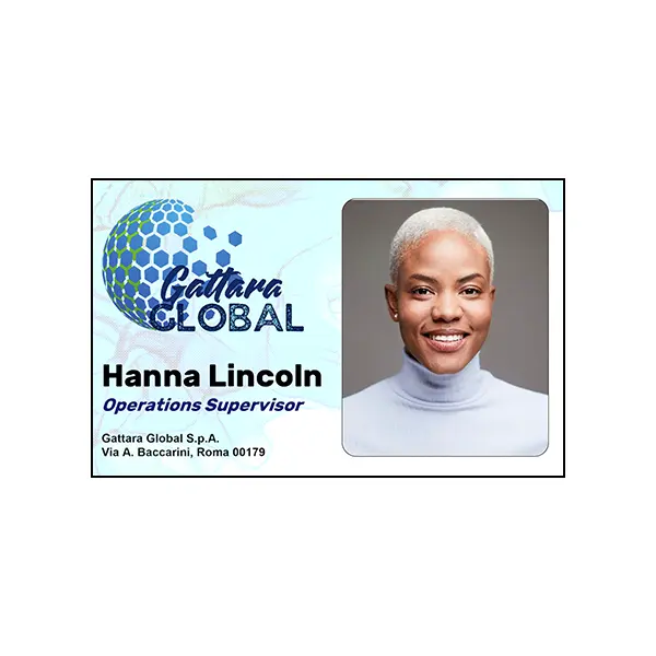 Full Colour Printed ID Card With A Blue Background An ID card printed in full colour. It has a blue background, company logo, cardholder's picture, name and job title.