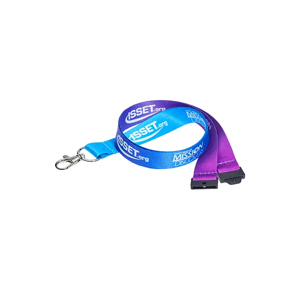 Cyan To Purple Colour Gradient Full Colour Printed Recycled Lanyard Full Colour Printed Recycled Lanyard - Cyan To Purple Gradient Background With White Text/Branding