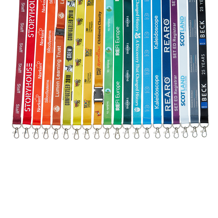 Selection Of Custom Branded Lanyards Taken from Above, Ordered By Colour To Create A Rainbow Effect From Left To Right