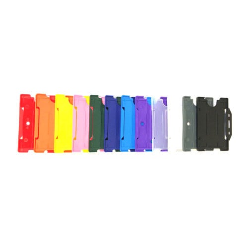 Selection Of Coloured ID Card Holders Taken from Above, Ordered By Colour To Create A Rainbow Effect From Left To Right