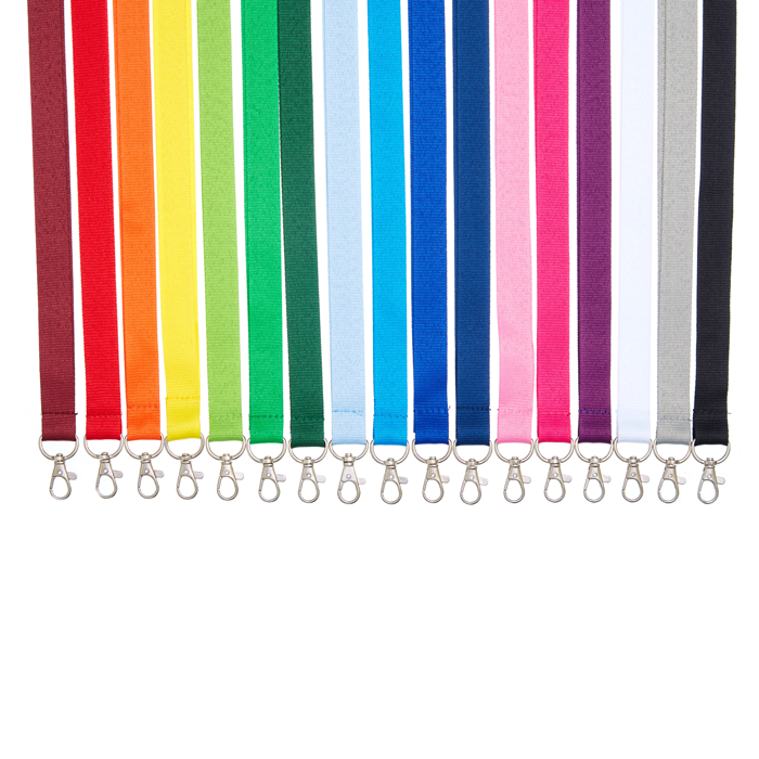 Selection Of Plain Coloured Lanyards Taken from Above, Ordered By Colour To Create A Rainbow Effect From Left To Right