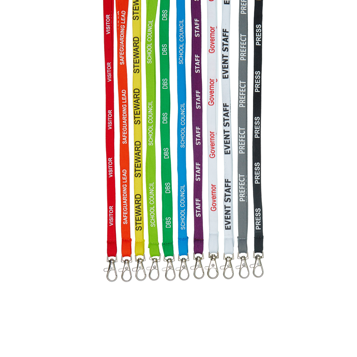 Selection Of Pre-Printed Text Lanyards Taken from Above, Ordered By Colour To Create A Rainbow Effect From Left To Right