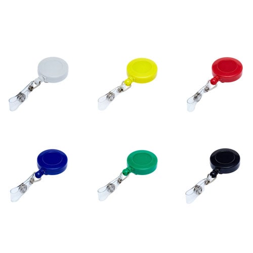 Selection Of 6 Solid Coloured Retractable Badge Reels Taken from Above, White, Yellow & Red On The Top Row, Blue, Green & Black Below.